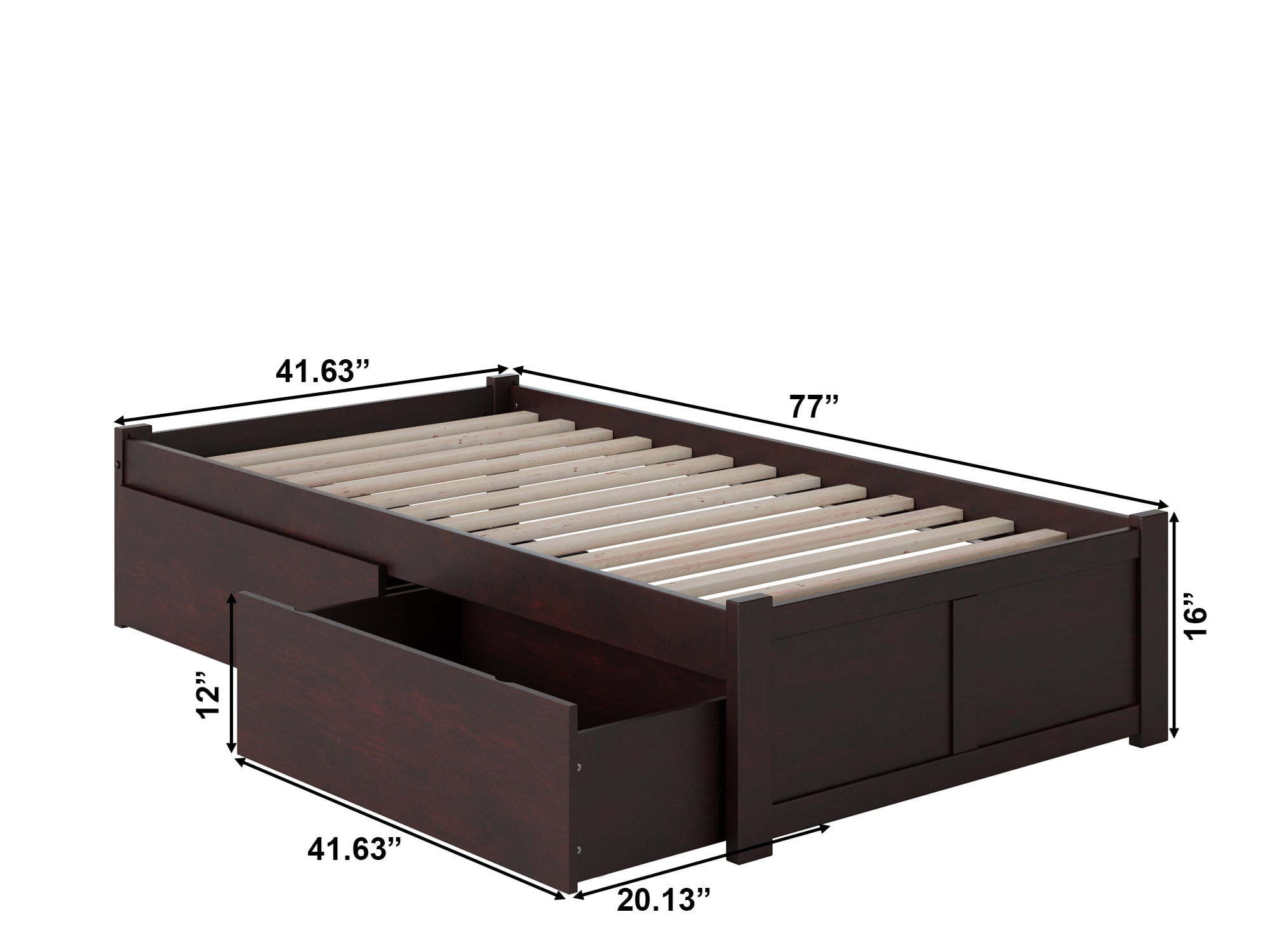 AFI Concord Twin Solid Wood Platform Bed with Footboard & 2 Storage Drawers in Espresso