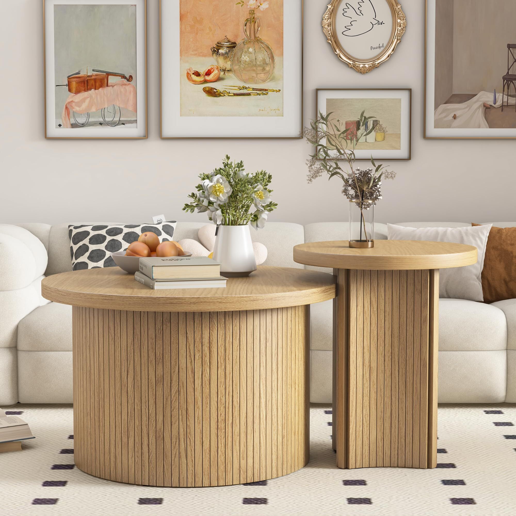 IQCNGVX Nesting Coffee Table Set of 2 Wooden Round Modern Circle Side End Side Table for Living Room Office Balcony