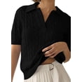 thumbnail image 2 of Women's Cable Knit Sweater Short Sleeve V Neck Soft Casual Pullover Top Solid Color Black L, 2 of 6