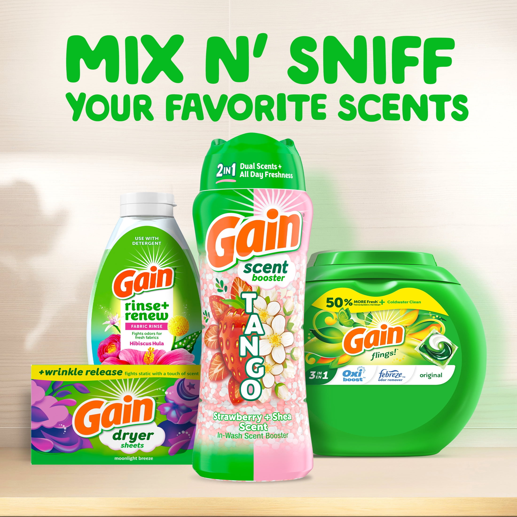 (4 pack) Gain Laundry Scent Beads, Tango 2-in-1 In-Wash Scent Booster, Dual Strawberry & Shea Scent, 21.1 oz