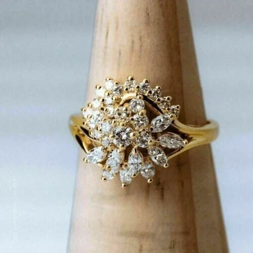 2.75Ct Marquise & Round Cut Simulated Diamond Cluster Ring 14K Yellow Gold Plated