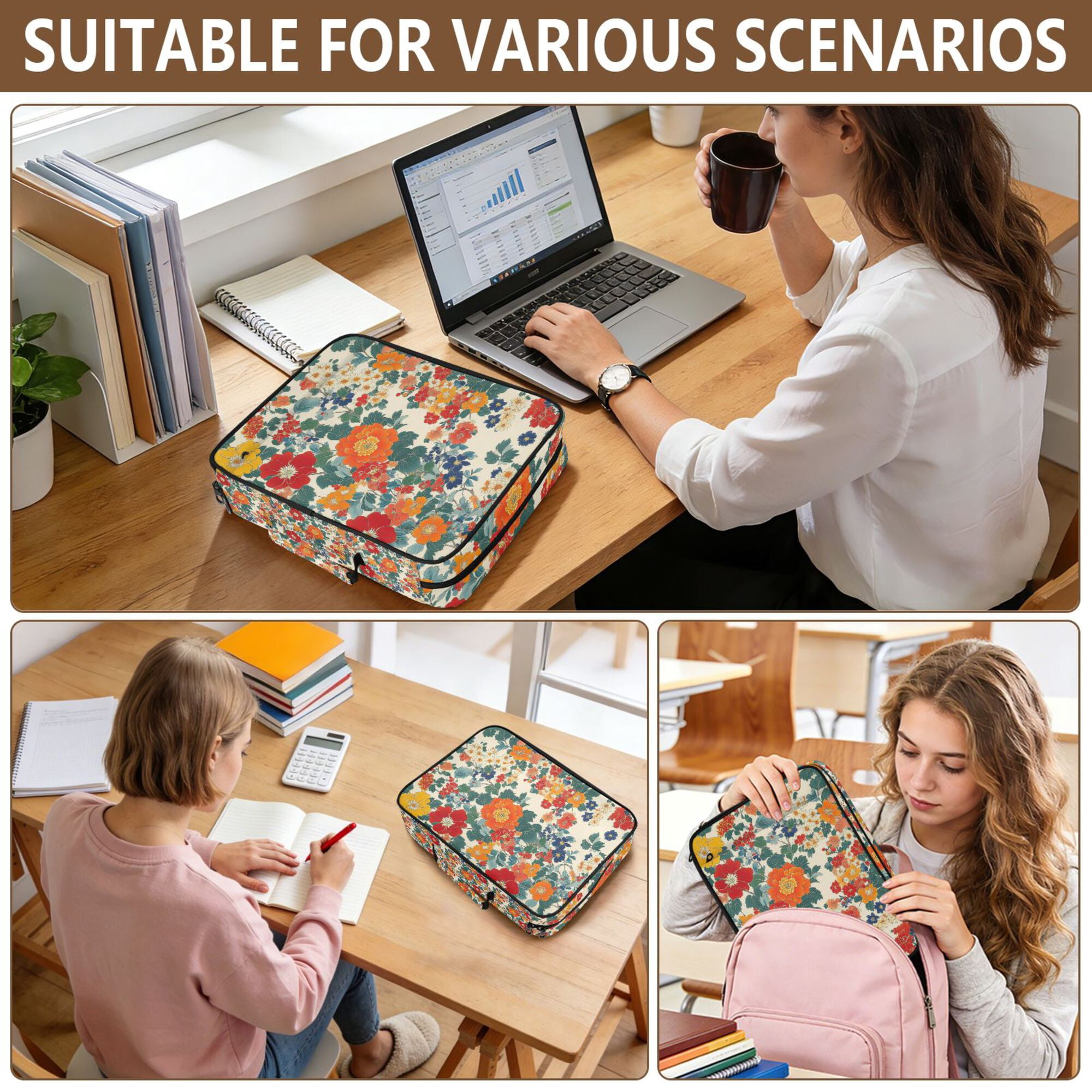 FORMRS Accordion File Folder A4 Size 7-Pocket Expanding Document Organizer Bag with 3 Ring Binder, Orange Japanese Flowers Pattern