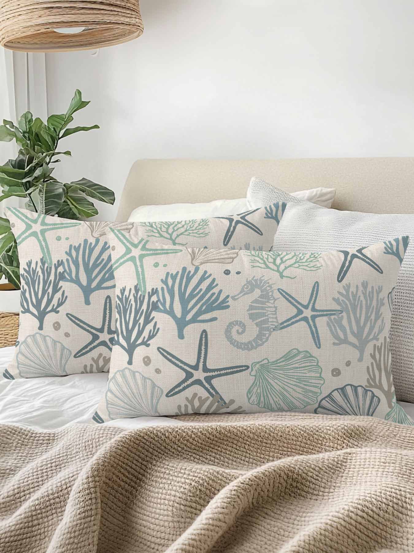 Waterproof Outdoor Throw Pillows with Inserts 12"x20" Set of 2,Aqua Teal Coastal Soft Decorative Pillowcases for Bedroom,Summer Beach Starfish Coral Nautical Rustic Pillow Covers for Sofa Living Room