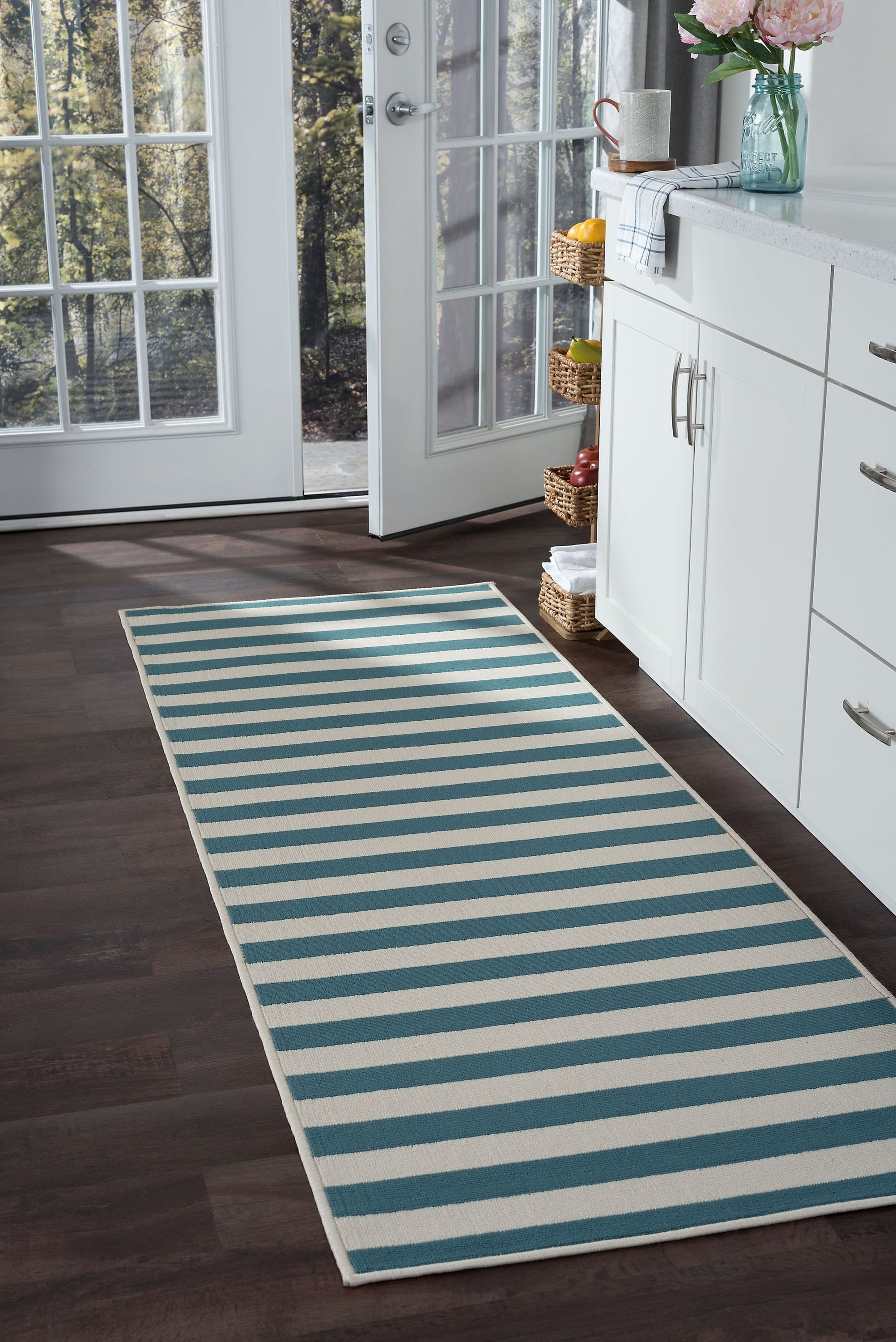 3x8 Water Resistant, Indoor Outdoor Runner Rugs for Patios, Hallway, Entryway, Deck, Porch, Balcony or Kitchen | Outside Area Rug for Patio | Aqua, Stripe | Size: 2'7'' x 7'3''