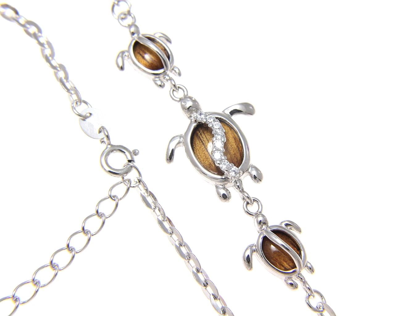 925 sterling silver Hawaiian koa wood cz honu turtle anklet 9" plus extension