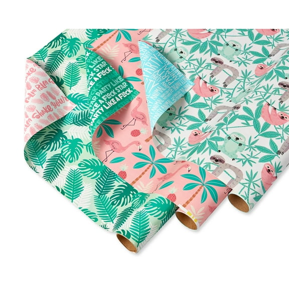 American Greetings Reversible Palms, Sloths, Flamingo Wrapping Paper for All Occasion, Green and Pink (3 Rolls, 120 sq. ft.)