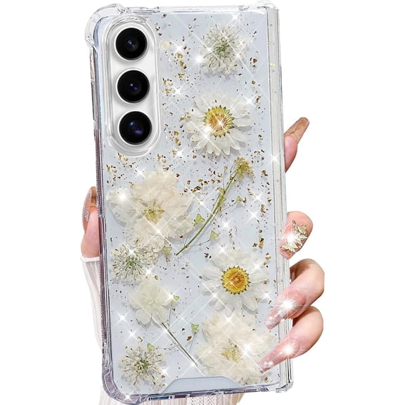 for Samsung Galaxy Z Fold 7 Clear Glitter Floral Case, Cute Pressed Real Flowers Design Bling Sparkly White Floral Pattern Soft TPU Shockproof Women Girls Phone Case for Galaxy Z Fold 7,White