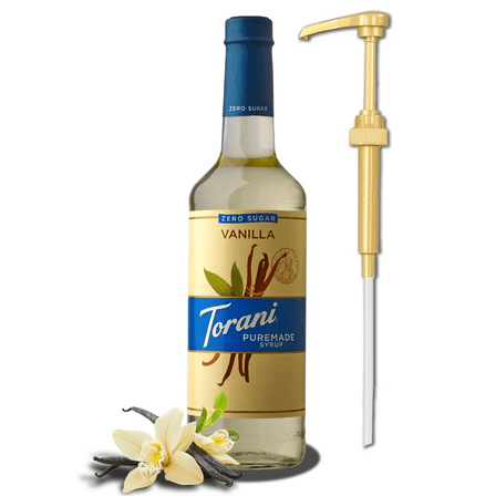 Torani Puremade Zero Sugar Vanilla Syrup, 750mL (25.4 fl oz) Bottle   Gold Pump