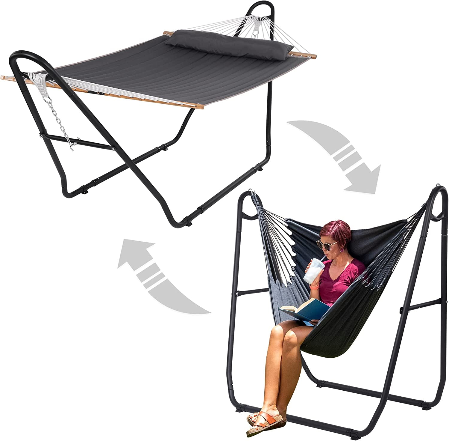 SUNCREAT 2in1 Outdoor Patio Hammock with Stand, Large Fluffy Pillow