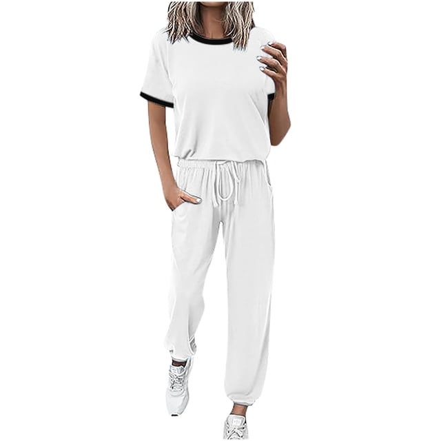 Yuyuzo Womens Workout Sets 2 Piece Sweatsuits Short Sleeve T Shirts Drawstring Running Pants with Pockets