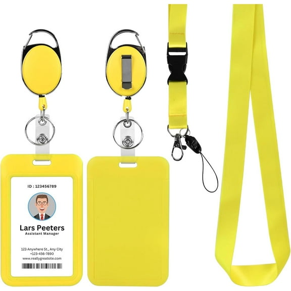 Yellow Lanyard with Vertical Id Holder, Retractable Heavy Duty Oval Carabiner Clip, ABS Casing Badge Holders,for Teacher Student Nurse Office
