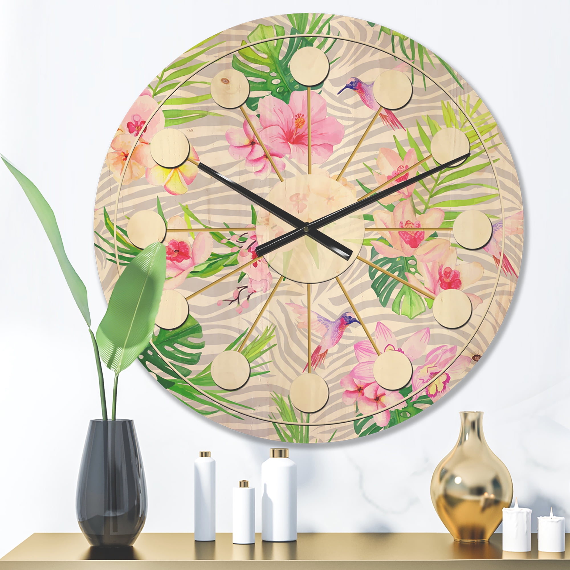 Designart 'Flowers and Tropical Botanicals III' Mid-Century Modern Wood Wall Clock