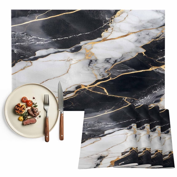 Placemats Set of 6, Black Abstract Marble Place Mats Gold White Modern Tablemats Washable Placemat Table Decoration for Kitchen Table Dinner Party Home Decor Indoor Outdoor 13x19 Inch