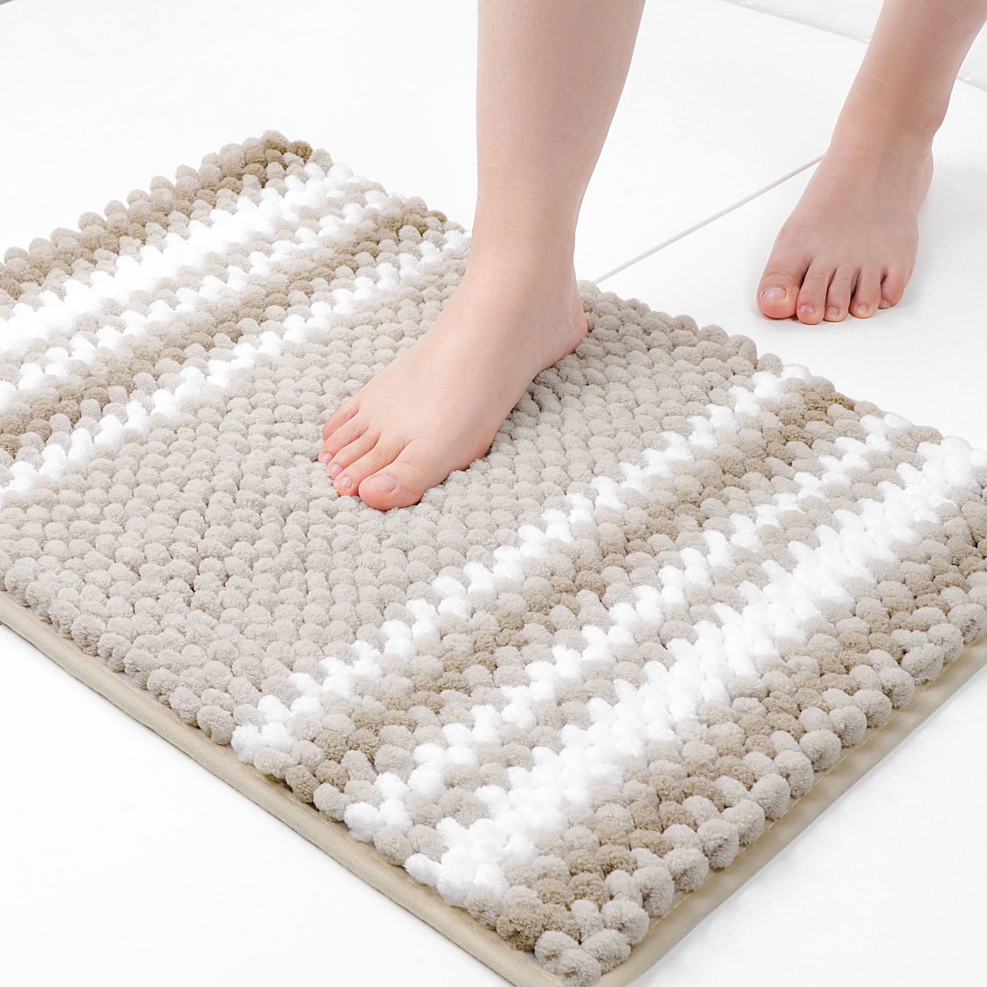 REGALWOVEN Chenille Bathroom Rug Set of 2 Extra Soft Fluffy, Striped Bath Mat Shaggy Rugs Absorbent Bone 17"x24"