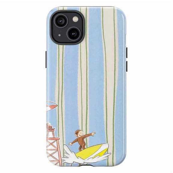 Curious Monkey Surfing Stripes Phone Case for iPhone 16 15 14 13 12 11 Pro Max Mini – Summer Beach Cartoon Design, Shockproof Protective Cover