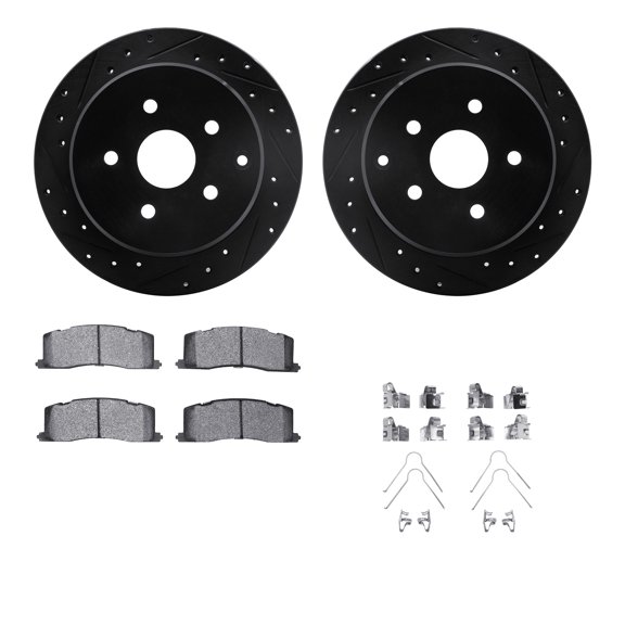 Dynamic Friction Company Rear Brake Rotors-Drilled and Slotted-Black with 5000 Advanced Brake Pads includes Hardware 8512-76180