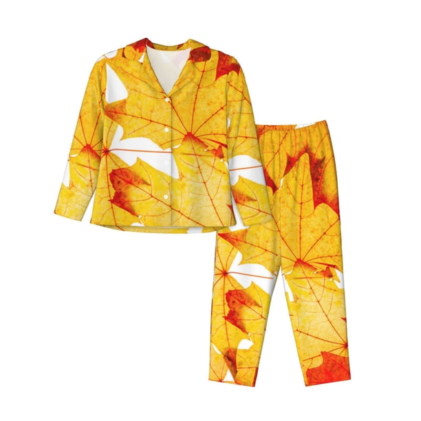 Fotbe Autumn Maple Leaves Conjunto de Pijama de Manga Larga para Mujer con Estampado, Ropa de Dormir de 2 Piezas, Conjunto de Casa Suave y Cómodo con Bolsillos-Medium