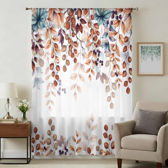 Brown Eucalyptus Fall Sheer Curtains 54 Inches Long, Botanical Weeping Leaves Pastoral Light Filering Curtains, Breathable Simi Curtain Privacy Drapes for Kitchen Bathroom Small Window Treatment