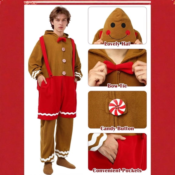 TBKOMH Christmas Gingerbread Man Onesie Hooded Pajama Plush Jumpsuit Costume Long Sleeve Full Body One Piece Loungewear for Adult Cozy Flannel Holiday Sleepw Brown L