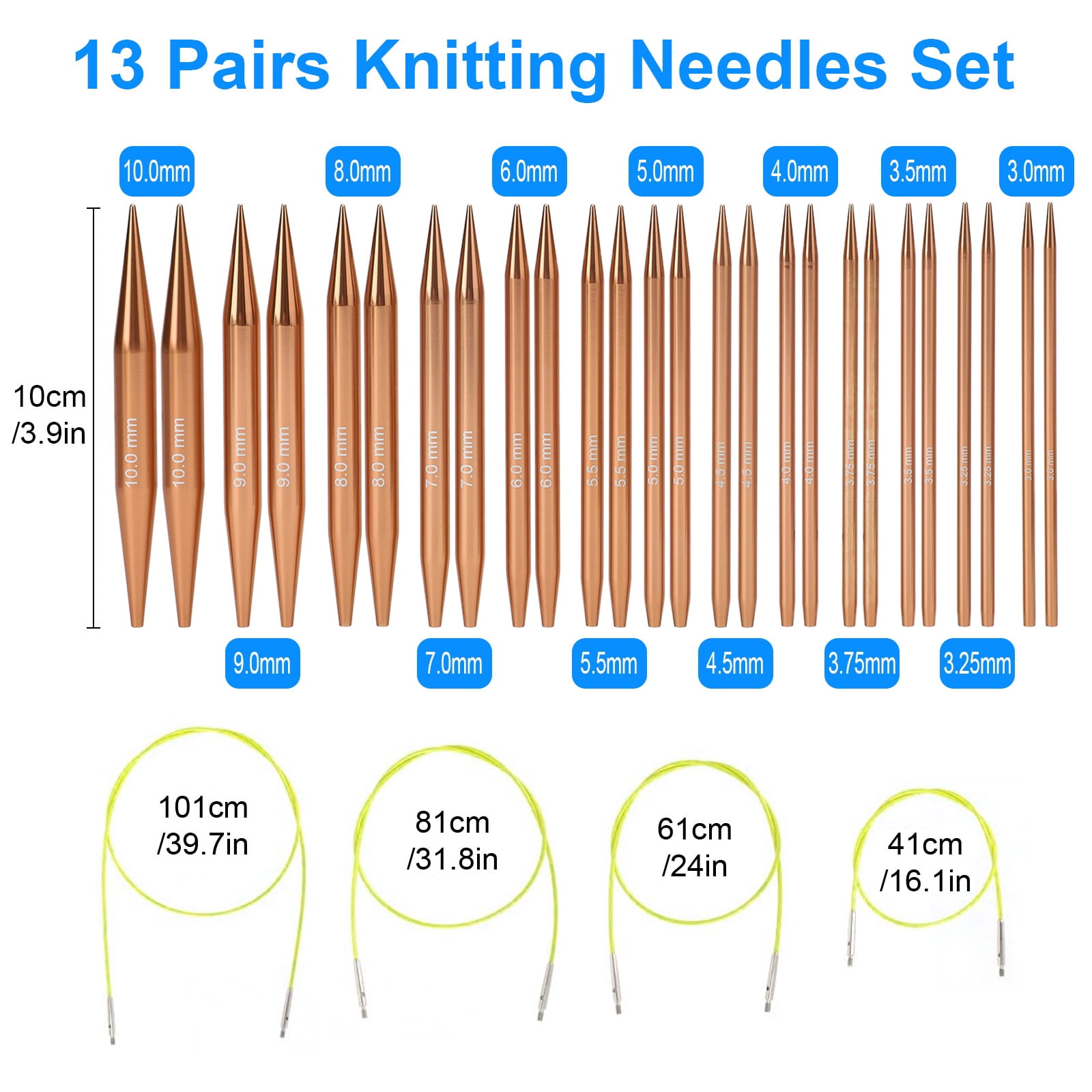 TSV 13 Pairs 3-10mm Circular Knitting Needle Set, Interchangeable Aluminum Metal Knitting Needles with PU Bag, Rose Gold