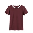 thumbnail image 3 of Camiseta de mujer Blusa casual de manga corta con costuras en bloque de color, rojo vino, M Kearding AP002400-12, 3 of 5
