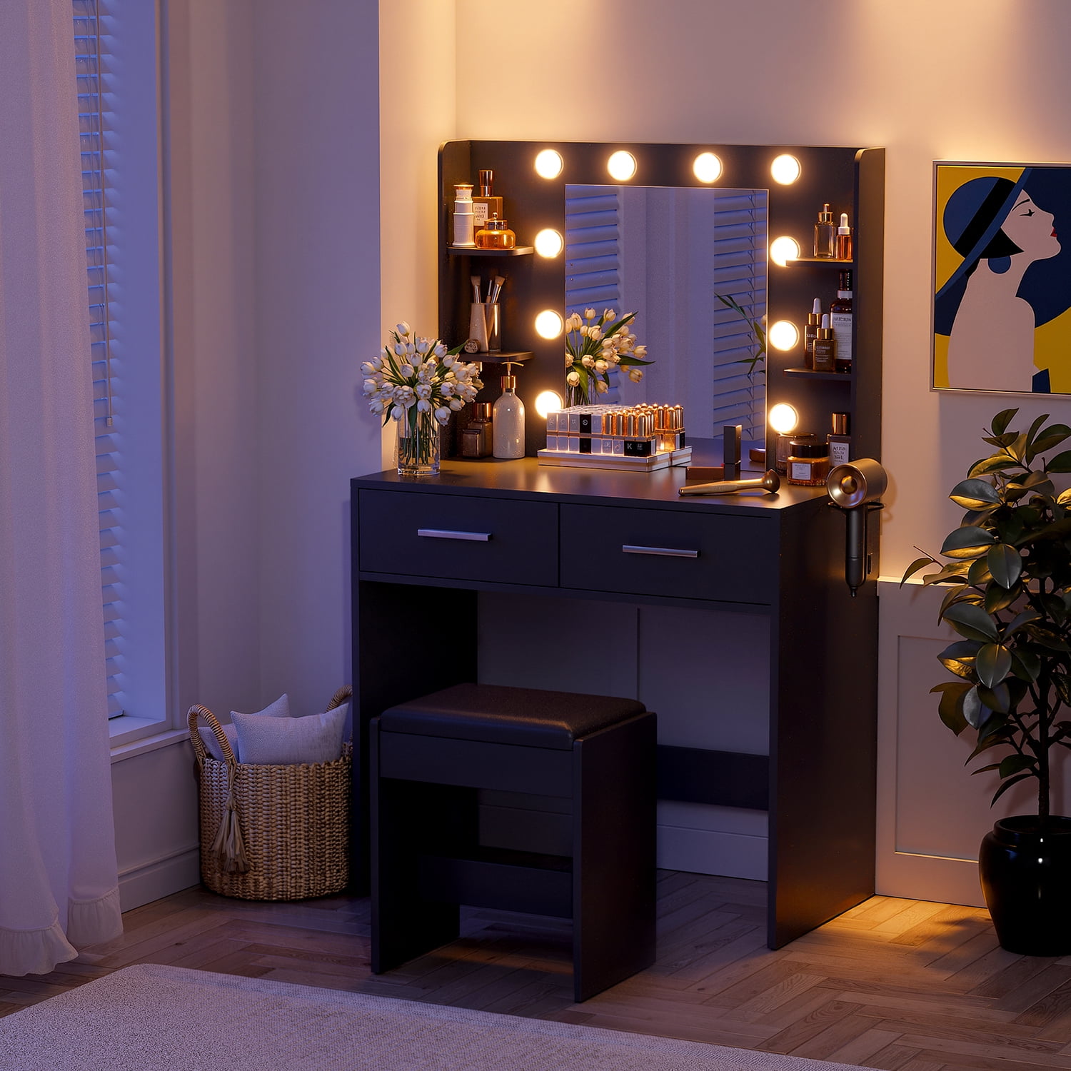 Vineego Makeup Vanity Desk with Lighted Mirror & Power Outlet, Makeup Vanity with stool,Black