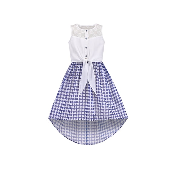 Girls Dress Blue Lace Chiffon Princess Plaid Tied Sleeveless 7 Years