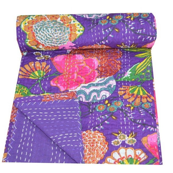 indian purple fruit print cotton kantha quilt Bedding throw sofa coverlet bedspread single size Handmade vintage blanket, 60 X 90 Inche