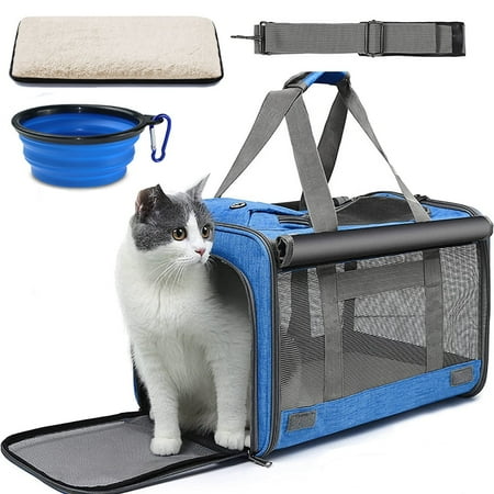 Cat Carrier, Soft Sided Cat Carriers for Large Small Medium Dogs Cats Under 25lbs, Foldable Pet Travel Carrier with a Bowl/Washable Pad, TSA Airline Approved, Blue