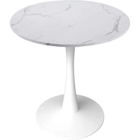 LeisureMod Bristol 31" Wide Round Dining Table Bivel Design MDF Wood Top and White Stainless Steel Pedestal Base Accent Table Mid-Century Café Table, Kitchen Dining Room Furniture (White Marble)