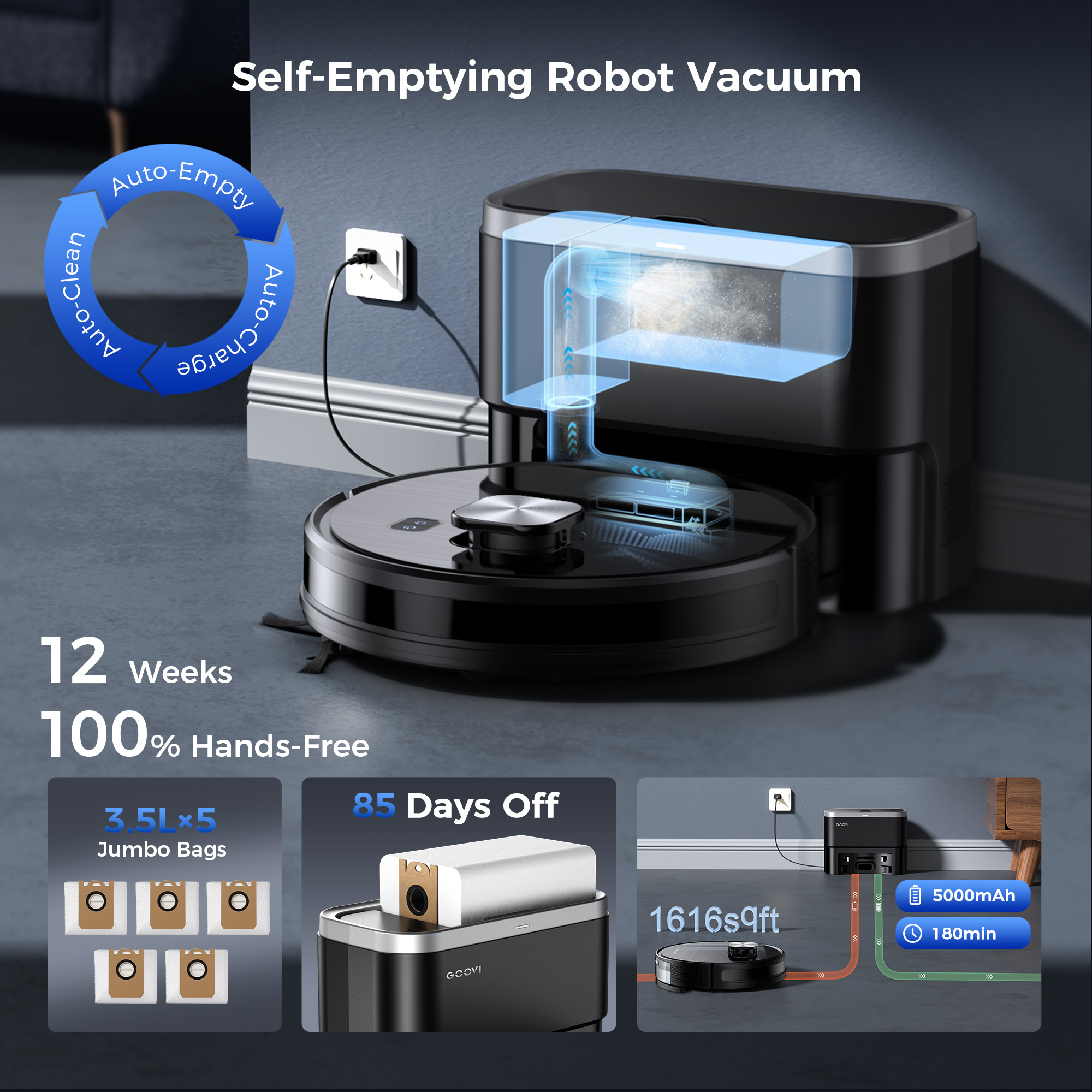 GOOVI Robot Vacuum and Mop 11500pa Suction Robotic Cleaner with Laser Home Mapping and 85 Days Self Empty Station Pet Friendly Anti-Tangle