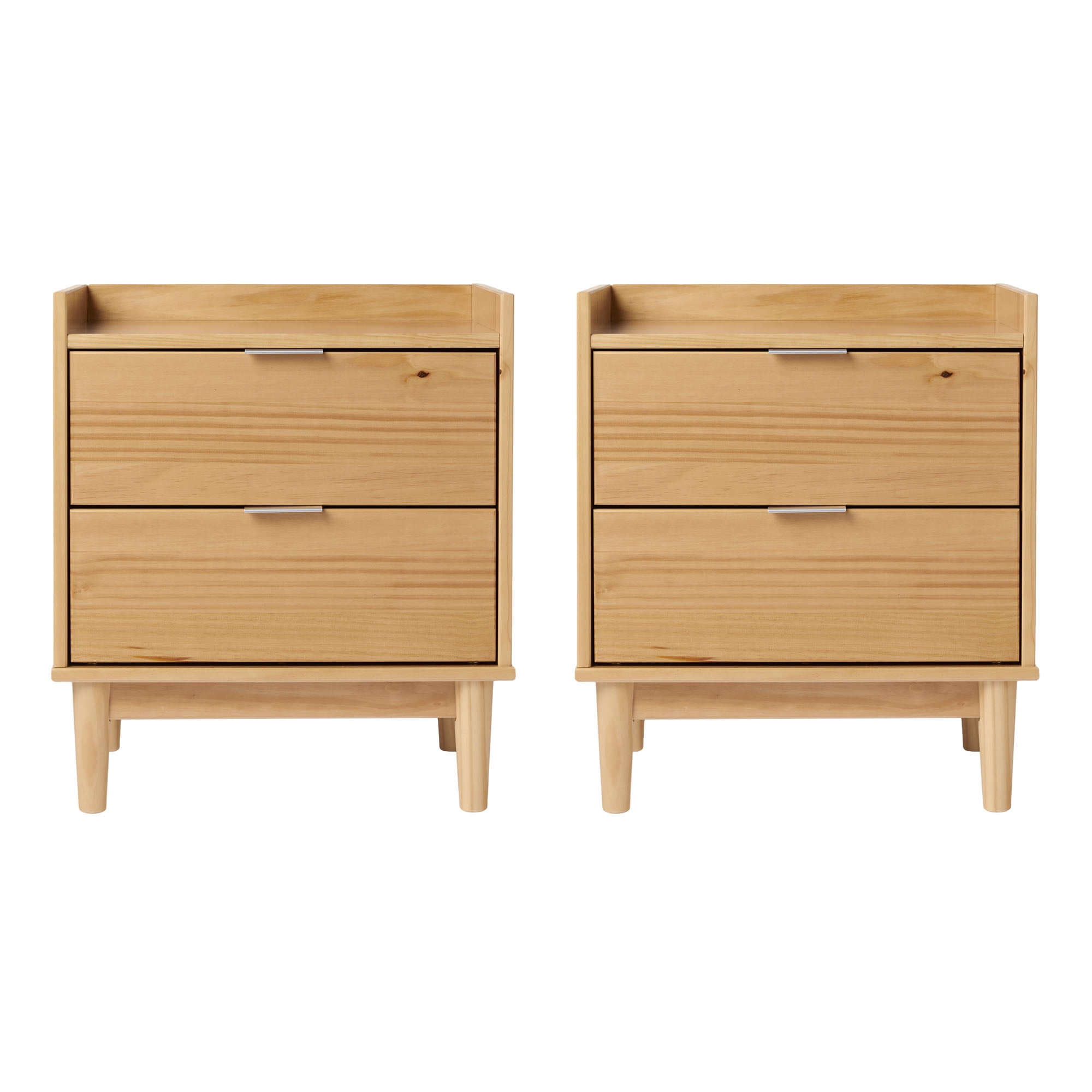 Walker Edison Mid-Century Modern Gallery-Top 2-Drawer Nightstand, 2 Pack, Natural Pine