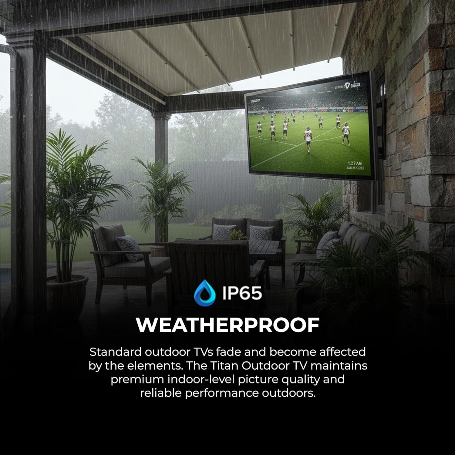Titan S100 QLED 85 Inch Outdoor TV, Covered Patio, IP65 Smart Weatherproof TV, 4K HDR, 60 Hz, Tizen AI OS, 800 Nits, Wi-Fi 5, HDR10+, Outdoor TV Cover, Slim Bezel, 2 Yr Wty