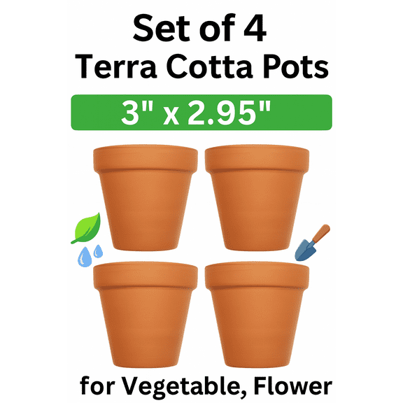 Set of 4 Terra Cotta Pots! 3" x 2.95" Pots Perfect for Vegetable or Flower Gardens! 3 inch Clay Terra Cotta Pots! (4)