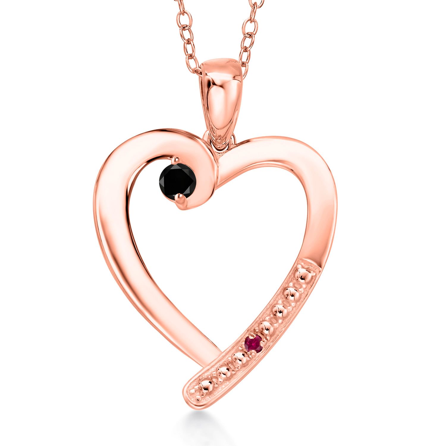 Gem Stone King 18K Rose Gold Plated Silver Black Diamond and Red Created Ruby Heart Pendant Necklace for Women | 0.19 Cttw | Gemstone April Birthstone | Round 3.5MM | With 18 inch Chain