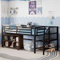 Newest Twin Metal Loft Bed Black,Low Profile with Storage Cubby & Stairs, 6 Rolling Bins, Space Saving Design
