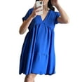 thumbnail image 4 of MAWCLOS Femmes Mini Robes Couleur Unie T-Shirt Robe Manches Courtes Robe de Soleil Casual Été V Cou Bleu Profond S, 4 of 5