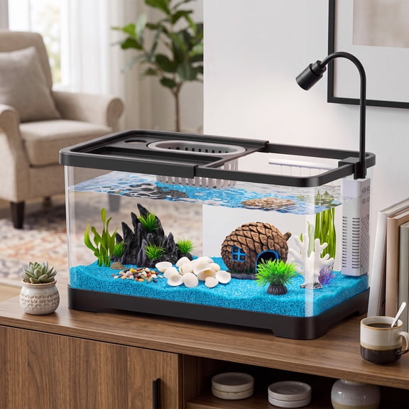 4.5 Gallon Fish Tank Starter Kit with Filter and Light,9PCS Plastic Fish Tank for Goldfish, Shrimp, Betta, Hermit Crab