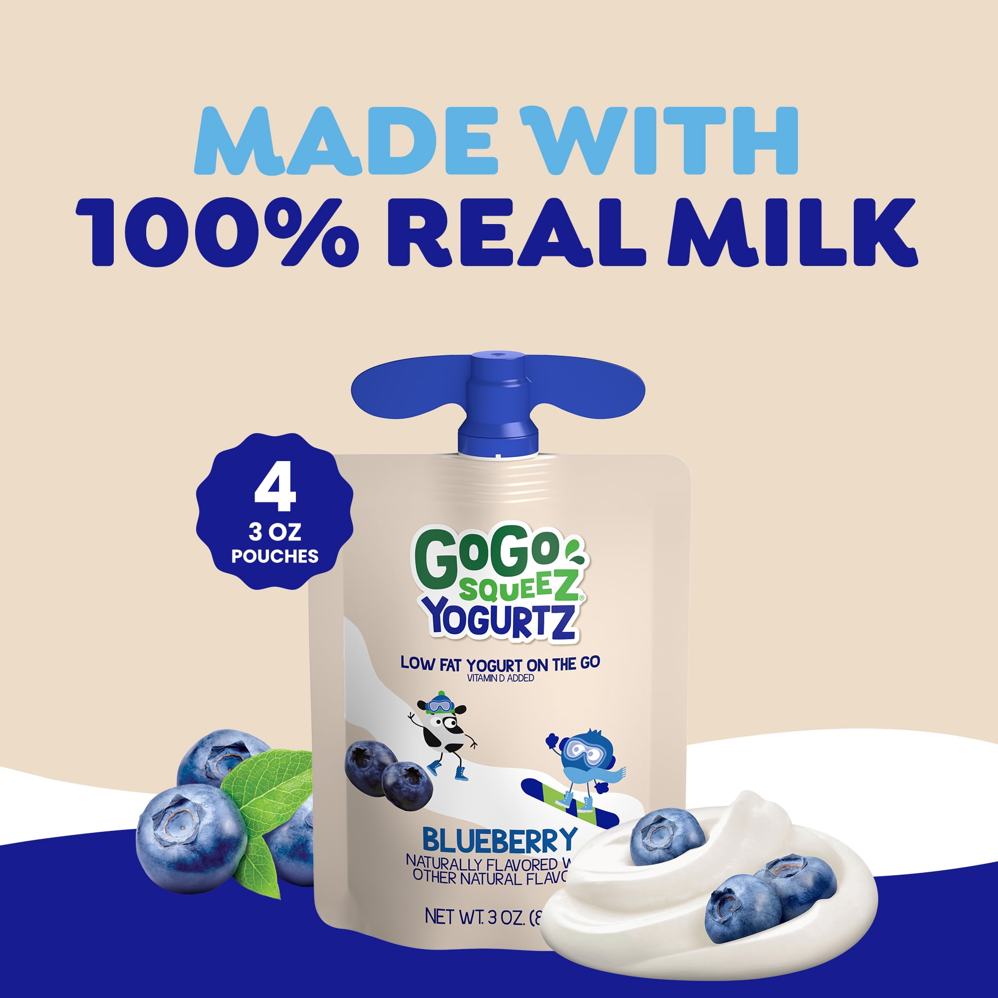 (3 pack) GoGo squeeZ Low Fat Yogurtz Blueberry Yogurt Snack Pouches, 3 oz (4 Pack)