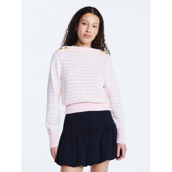 Free Assembly Women's Button Shoulder Sweater with Long Sleeves, Sizes XS-XXL