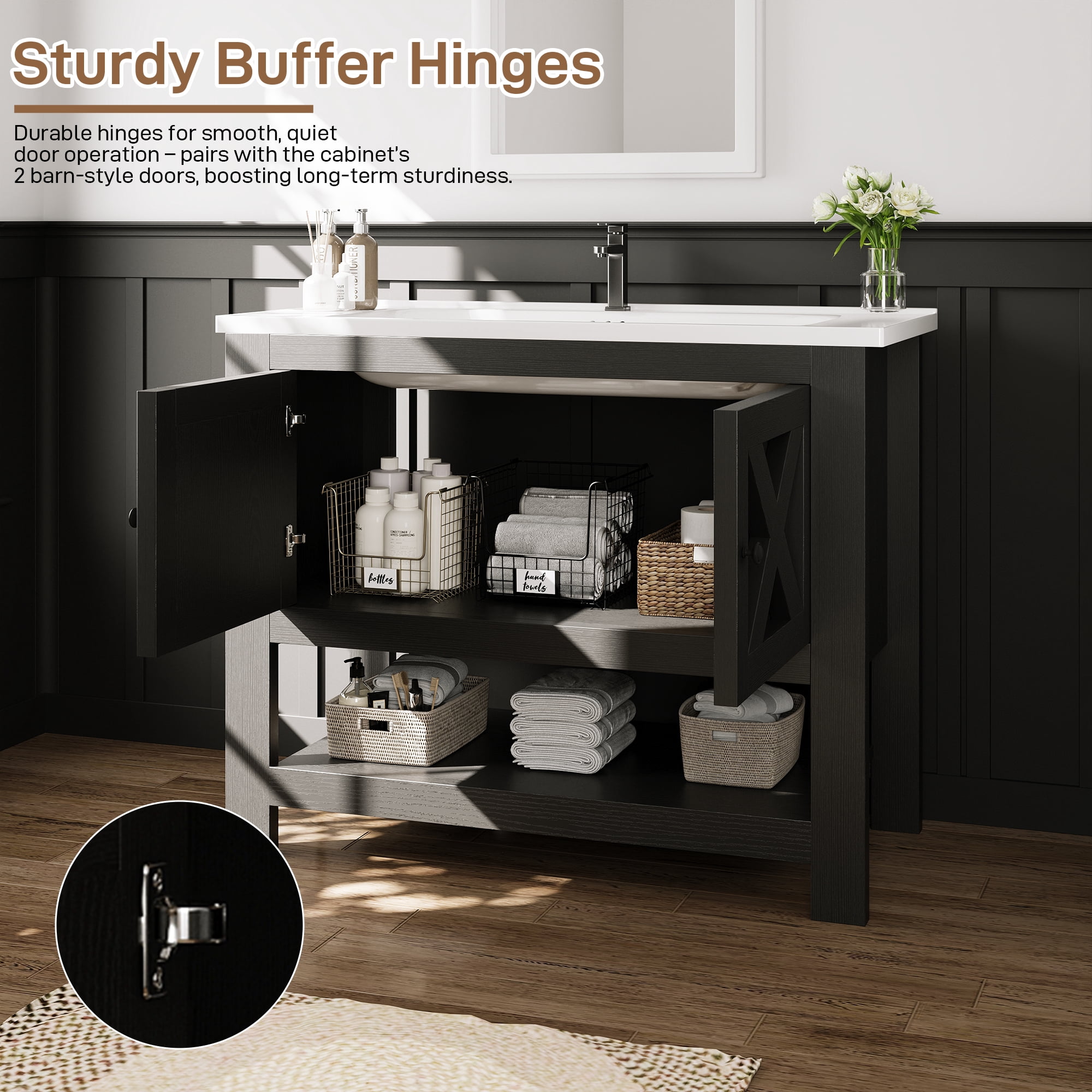 4 EVER WINNER 36" Black Bathroom Vanity with Sink, Farmhouse Storage Cabinet with X-shaped Barn Door, Ceramic Vanity Top & Open Shelf, Modern Vanity for Bathroom Laundry Room