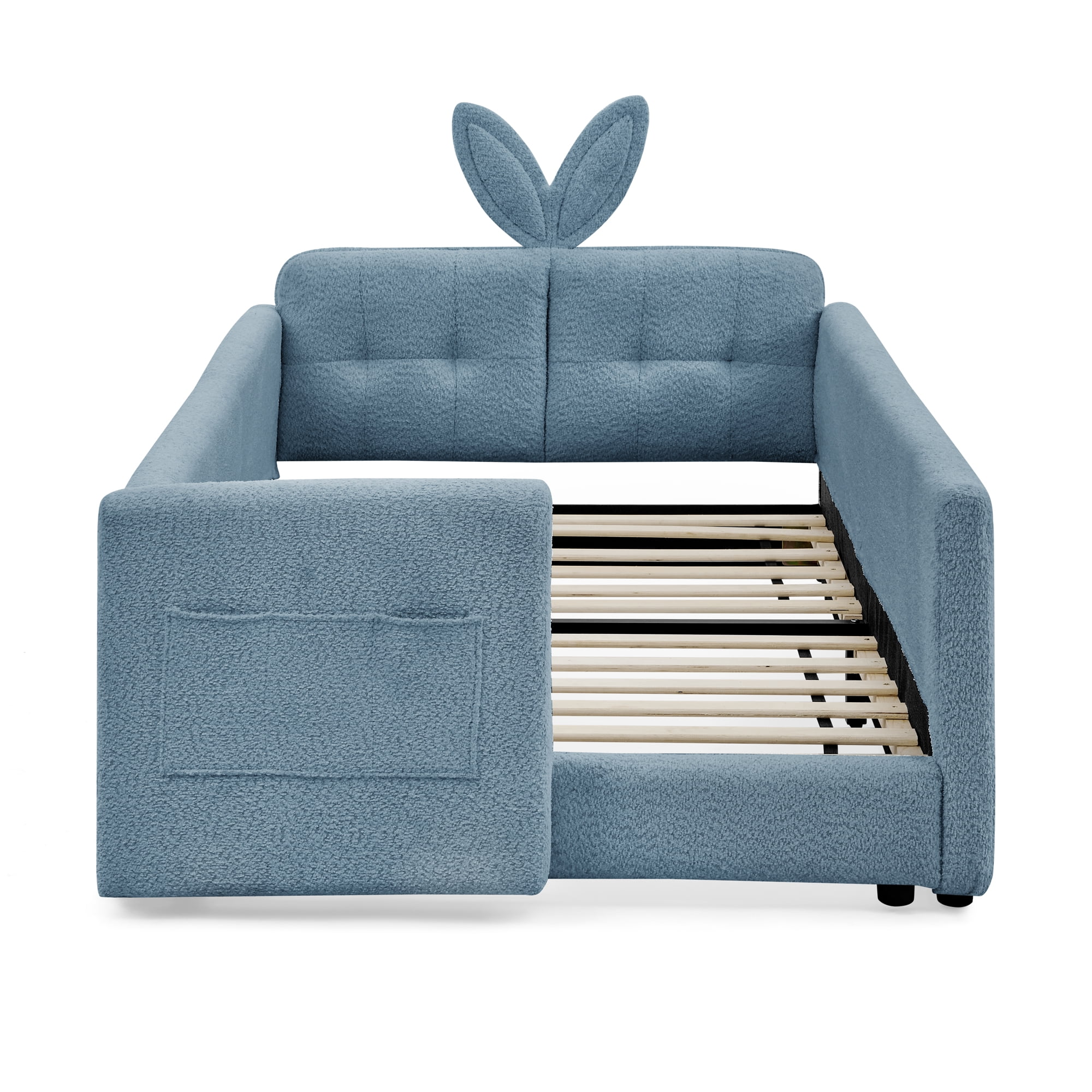 Twin Size Upholstered Platform Bed with Cute Rabbit Ear Shaped Headboard, with Safety Rail and Pocket, Boucle Fabric