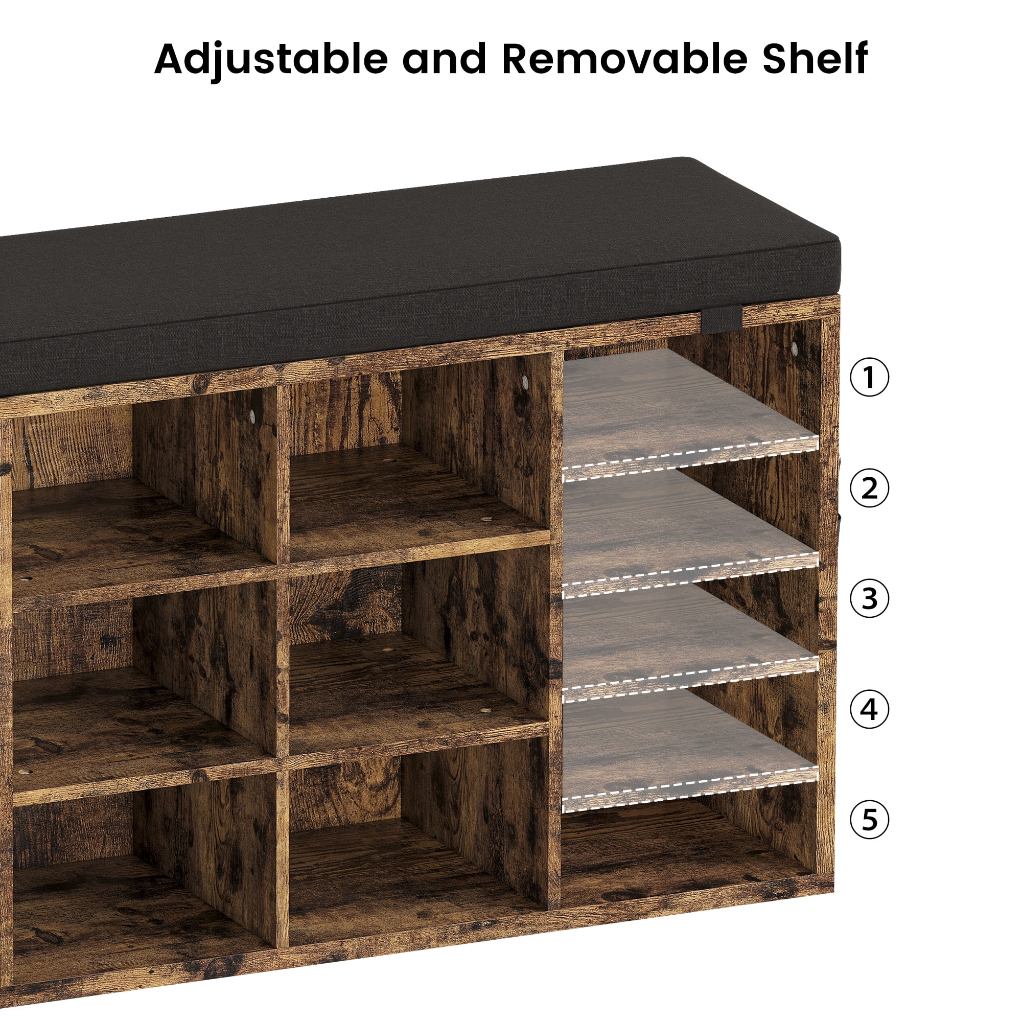 Accreate 41 Inch Shoe Storage Bench with Cushion and Side Pocket – 10 Cubbies Shoe Rack with Adjustable Shelves, Retro color