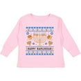 thumbnail image 3 of Inktastic Happy Hanukkah Sweater Style Design with Menorah and Dreidel Boys or Girls Long Sleeve Toddler T-Shirt, 3 of 5