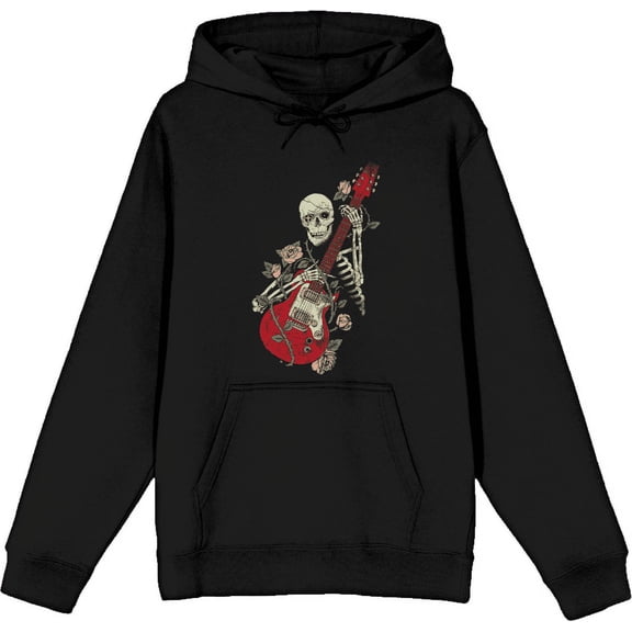 Skeleton Guitar Edgy Music Rose Adult Black Long Sleeve Hoodie-Medium