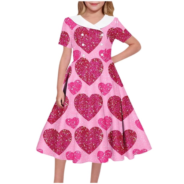 Vestido de manga corta con cuello en V para niña, estampado de manga corta, falda con cuello doblado y cintura mediana y grande, de poliéster.