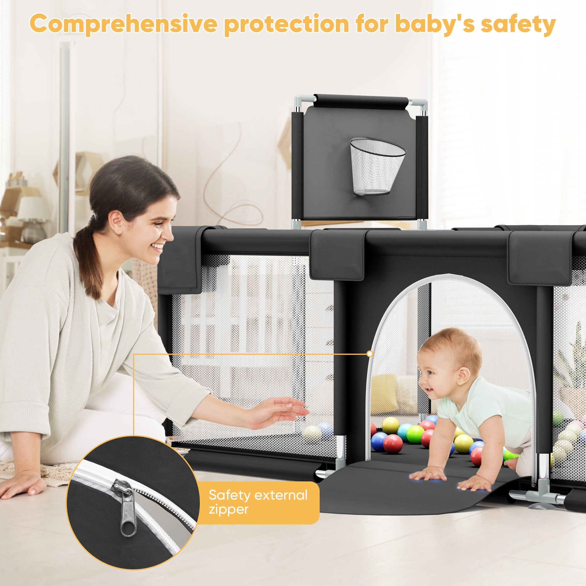 babyeap Baby Playpen,73 Inch Extra Large Baby Playard,Playpen for Babies and Toddlers With Basketball Hoop,Children Kids Play Fence for Indoors Outdoors,Black