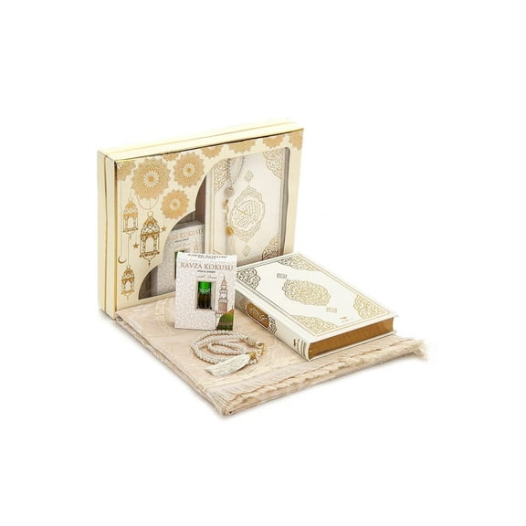 Ihvan Online Prayer Rug Islamic Gift Box With Beads Fragrance Travel Mat 5 Piece Beige Indoor