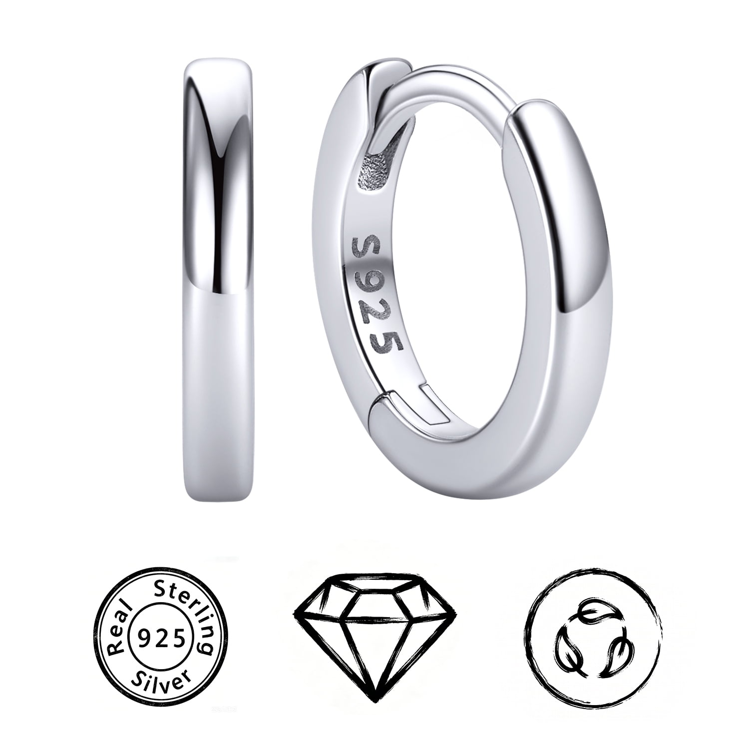 ChicSilver 925 Sterling Silver Huggie Hoop Earrings for Women Sensitive Ears, 8MM Small Silver Hoop Earrings, Hypoallergenic Cartilage & Helix Earrings, Tiny Sterling Silver Hoops, White Gold Plated