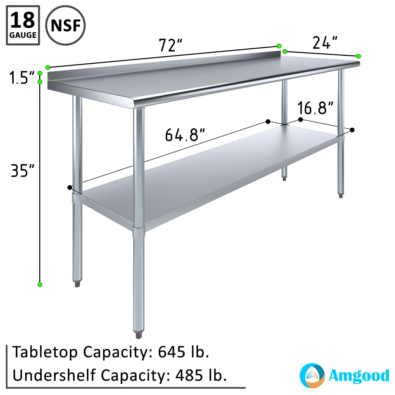 AmGood 24 in. x 72 in. Stainless Steel Work Table with 1.5 in. Backsplash | Metal Kitchen Food Prep Table